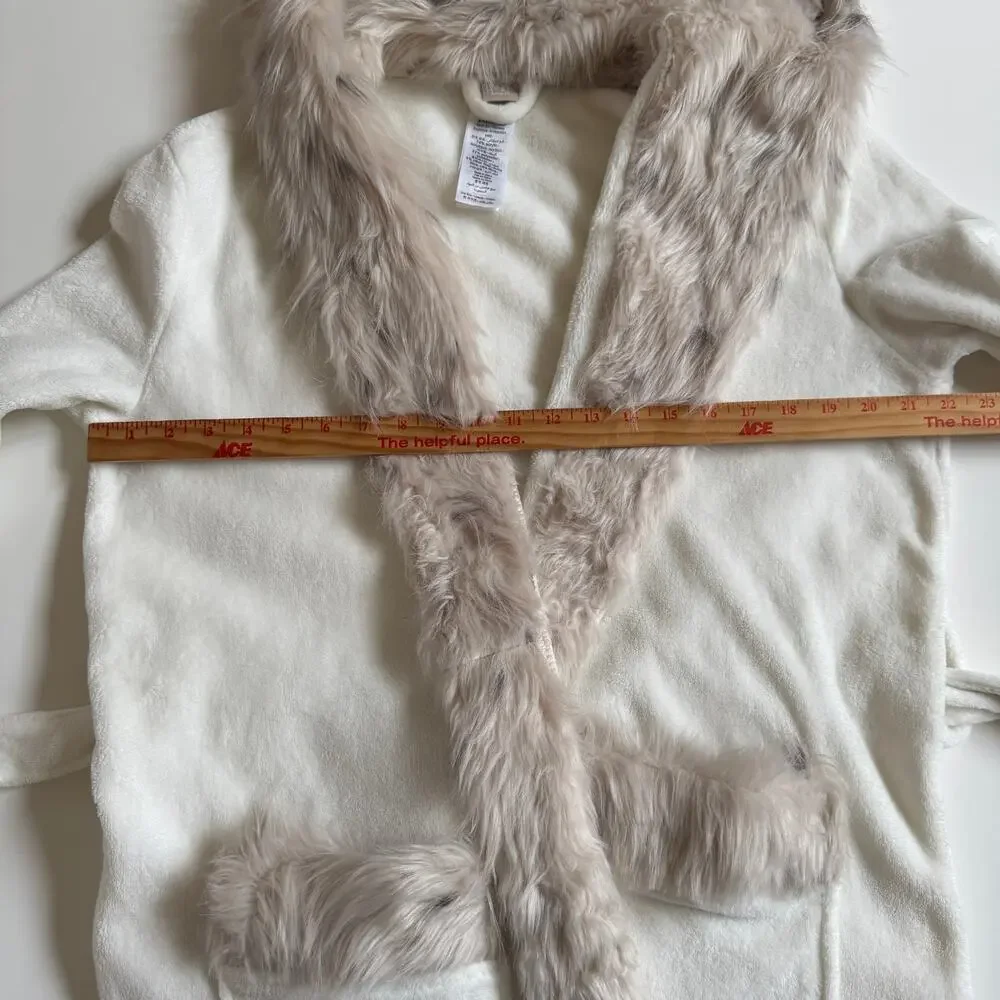 Pottery Barn PB Teen Faux Animal Fur Trim Hooded Robe Ombre Ivory Belt Tie EUC